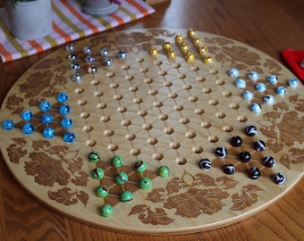 Chinese Checkers Game Board Flower Pattern Wooden Board Game with 16mm-5/8" designer Marbles, Laser Engraved, 18 5/8"x1/2" thick, Paul Szewc