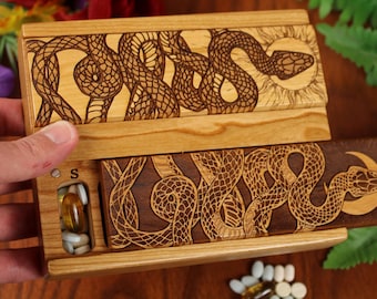 Serpent Engraved Wooden Pill Box - Day & Night Organizer
