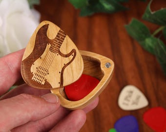 Personalized Electric Guitar Pick Box that Holds 10 Picks Carved from Cherry Wood, 2-1/4" x 2" x 1 D" Guitar Player Gifts For Him