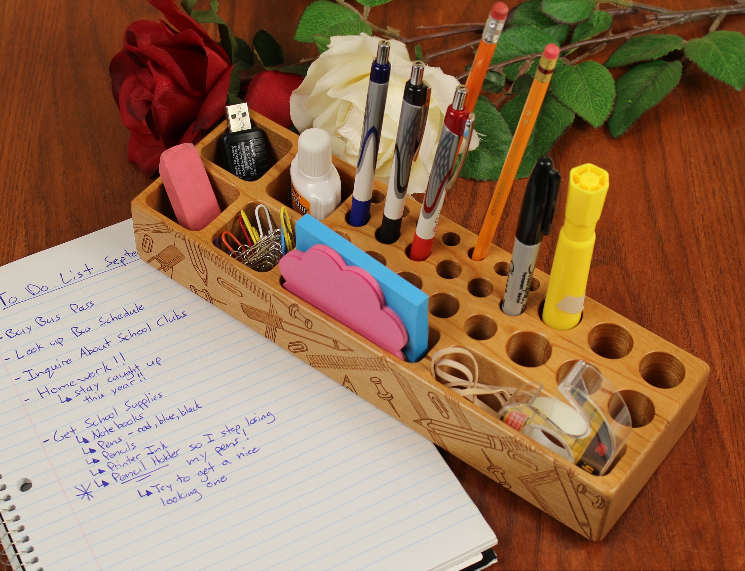 Wooden Pencil Holder, Wooden Desk Organizer, Solid Cherry Wood, Masterpiece Lasered Wood for sale  