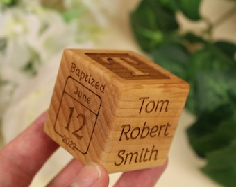 Wooden Baptism Block Keepsake and Newborn Baby Gift for Baby Girl or Baby Boy, Custom Engraved Solid Wood Block Laser Engraved by Paul Szewc