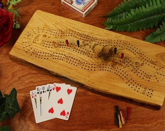 Live Edge Ash Cribbage Board - Personalized 3 Player Track - Handcrafted Crib Board with Cribbage Peg Storage a 5th anniversary gift for him