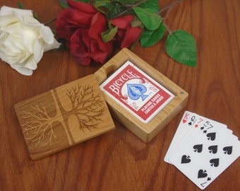 Wood Playing Card Holder, Tree of Life Engraved Wood Made From Solid Cherry by Paul Szewc
