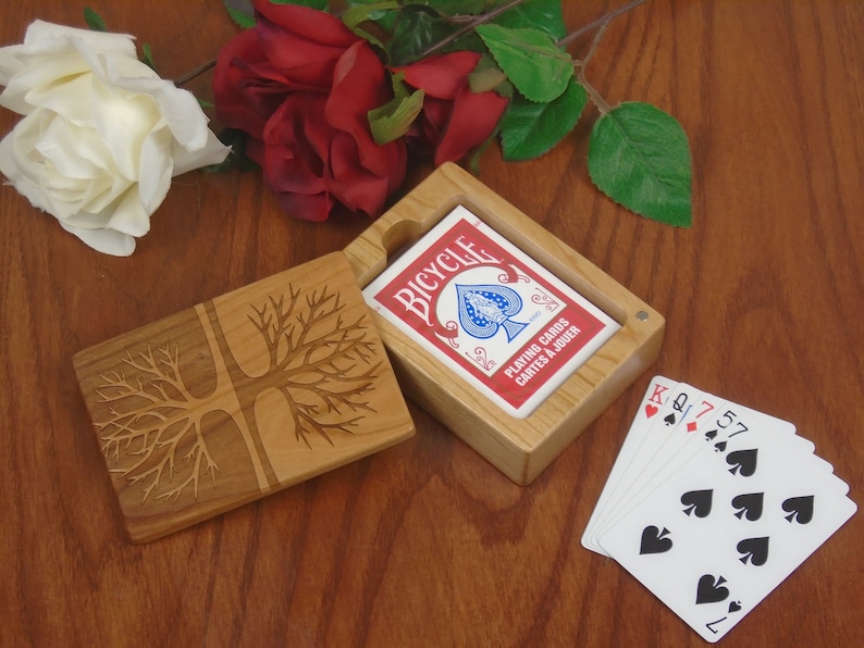 Wood Playing Card Holder, Tree of Life Engraved Wood Made From Solid Cherry by Paul Szewc image 1