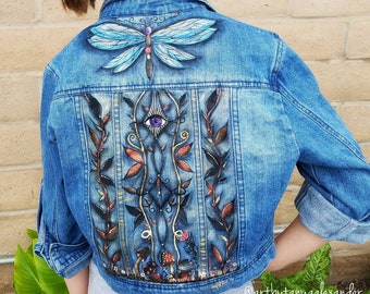 Hand-painted Denim Jacket: "Metallic Botanicals" Size Tween Medium "Ci Sono" Brand Cropped Denim Jacket - One of a Kind!