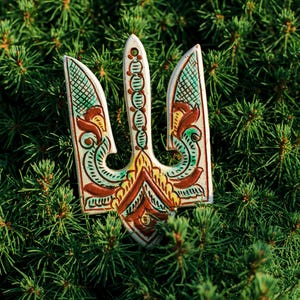May include: A ceramic trident emblem with a white base, adorned with intricate floral patterns in shades of green, brown, and yellow. The emblem is set against a backdrop of lush green foliage, creating a vibrant contrast.