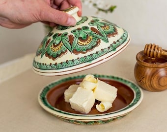 Mantequera auténtica de cerámica de Kosiv con tapa, cerámica Hutsul hecha a mano, técnica tradicional ucraniana de esgrafiado, Patrimonio Cultural de la UNESCO