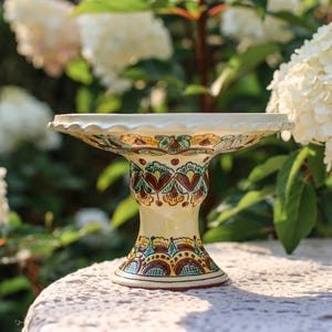 Puede incluir: Un soporte para pasteles de cerámica pintado a mano con borde festoneado. El soporte presenta una base de color crema y un diseño detallado de patrones florales rojos, verdes y marrones. Se coloca sobre un mantel de encaje blanco, con un fondo borroso de flores blancas.