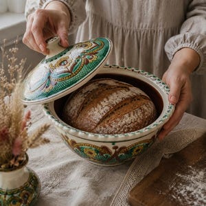 May include: A round ceramic bowl with a matching lid, featuring intricate green, brown, and yellow floral patterns on a cream background. The bowl contains a round loaf of crusty, scored sourdough bread with a dark brown, flour-dusted crust.