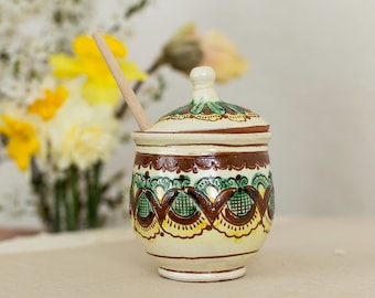 Handgemaakte terracotta kruidenpotje in Kosiv-stijl, kruidenpotje, rustiek Oekraïens aardewerk