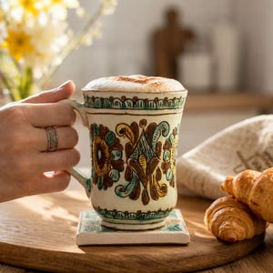 May include: A ceramic mug with a floral design, filled with a cappuccino, sits on a square coaster. Two croissants rest on a wooden board. The mug is held by a hand wearing a ring. A vase of yellow flowers is in the background.