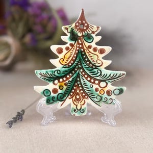 Árbol de Navidad de cerámica ucraniana hecho a mano, decoración navideña de cerámica de Kosiv, árbol de arte popular pintado a mano, regalo de Navidad ucraniano, 10 cm