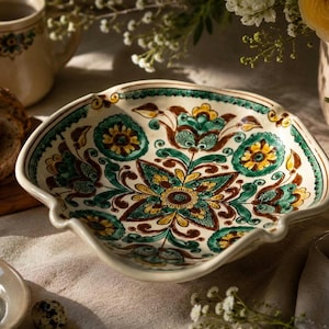 Könnte beinhalten: Dekorative Keramikschale mit gewelltem Rand. Die Schale zeigt ein Blumenmuster in Grün-, Gelb- und Brauntönen auf cremefarbenem Hintergrund. Das Design ist symmetrisch und detailliert, mit einem rustikalen, handgefertigten Aussehen.