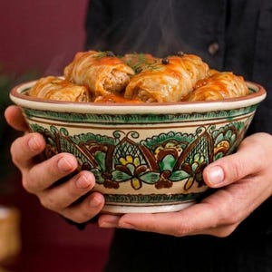 Puede incluir: Una persona sostiene un cuenco decorativo lleno de rollos de col humeantes en salsa de tomate. El cuenco tiene un diseño floral verde, marrón y crema. La comida es un plato tradicional de Europa del Este.