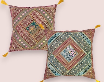 Embroidered Patchwork Cushion Covers - Set of 5 Indian Decorative Pillows