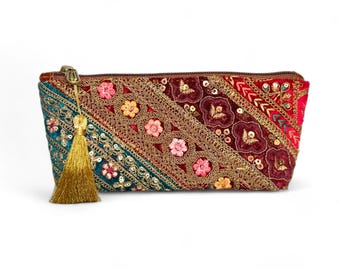 Embroidery Pouch Bag - Ethnic Boho Makeup Bag, Travel Toiletry Organizer, Stationery Purse for Women