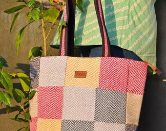 Patchwork Hemp Cotton Tote Bag, Multicolor Jacquard Shoulder Bag, Large Handmade Tote