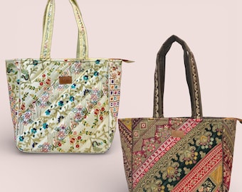 Pack of 2 Ethnic Shoulder Tote Bags for Women | Indian Embroidery Boho Shopping Bags | Purse Combo for Office, Travel & Gifting