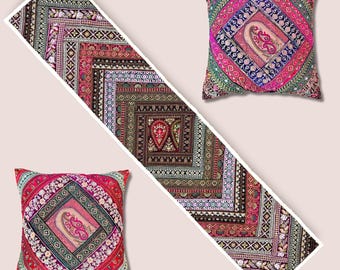 Embroidered Patchwork Cushion Covers & Table Runner Set, Home Decor