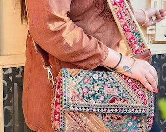 Embroidery Sling Bag: Indian Crossbody Purse, College Bag Women Gifting Upcycled Laces