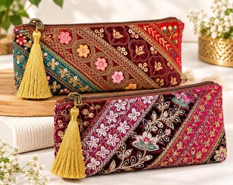 Embroidered Patchwork Pouch Set of 2, Handmade Pencil Case, Makeup Bag, Coin Purse