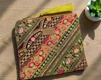 Ethnic Embroidery Pouch - Boho Makeup Bag, Travel Toiletry Organizer, 8x10in Embroidered Stationery Purse for Women