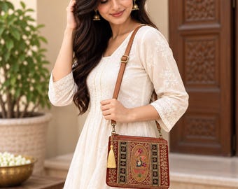 Embroidered PU Leather Sling Bag Pouch, Indian Ethnic Boho Purse (8x10 Inches)