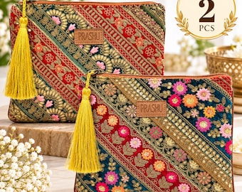 Embroidered Pouch Set of 2, Handmade Indian Makeup Bag, Zari Clutch Pouch
