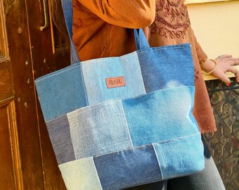 Denim Patchwork Shoulder Tote Bag For Women Blue Shopping Travel Handbag For Girls