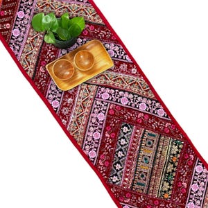 Patchwork Table Runner: Colorful Embroidered Velvet Lace, Indian Tapestry