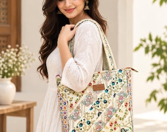 Embroidered Tote Bag, Boho Shoulder Bag, White Recycled Lace Purse, Large Women’s Bag