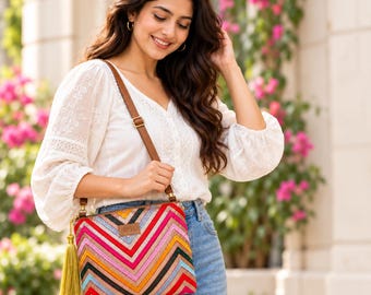 Embroidered Travel Sling Bag, Sequined Crossbody Pouch, Boho Shoulder Bag