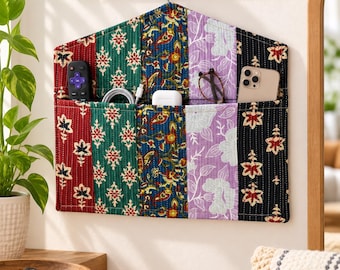 Set of 5 Cotton Hanging Wall Organizers, Block Printed Fabric Storage Pockets