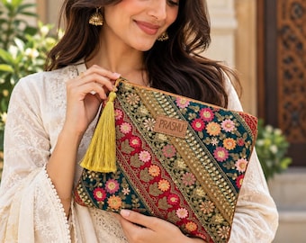 Handmade Embroidered Travel Pouch, Boho Zipper Bag, Recycled Lace Cosmetic Pouch