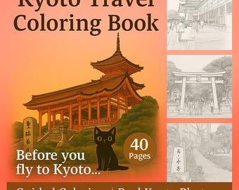 Libro para colorear de viaje a Kioto: La aventura del gato negro, páginas sobre la cultura japonesa (descarga digital)