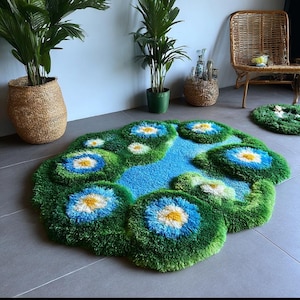 3D Flower Pond Tufted Rug: Handmade Shaggy Botanical Carpet