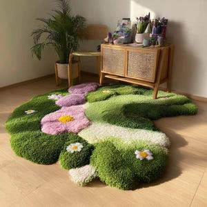 Enchanting 3D Floral Moss Rug | Handcrafted Botanical Tapestry | Unique Nature-Inspired Accent for Any Room