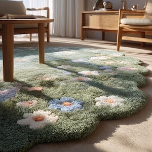 Hand-Tufted Moss Meadow Rug: Green Floral Carpet with Pastel Daisies