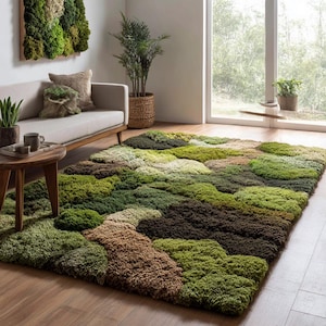 Tufted Moss Rug: Handmade Plush Forest Floor Carpet