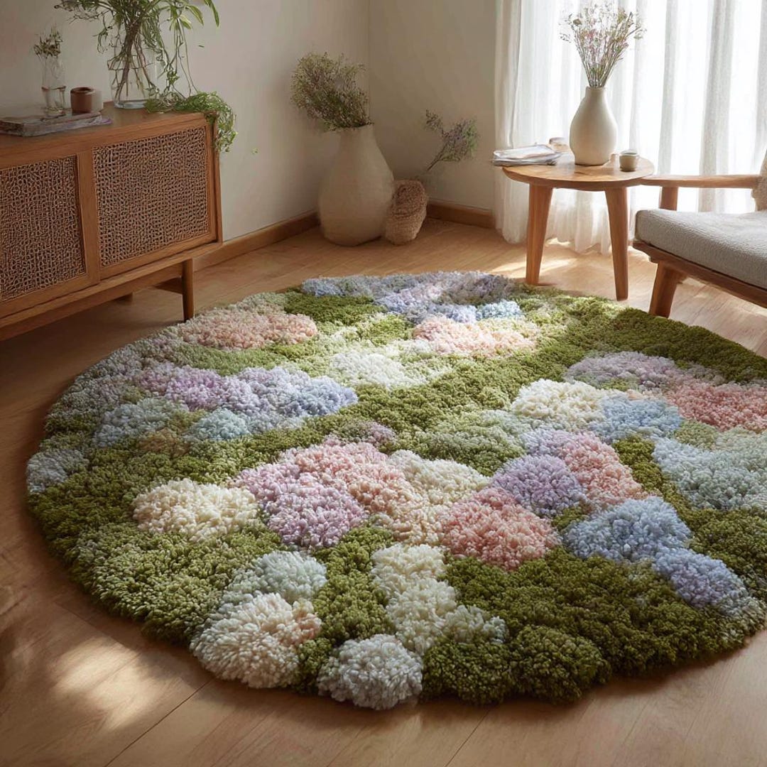 Hand-tufted Moss Rug | Round Pastel Flower Carpet | Plush Green ...