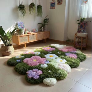 Handmade 3D Flower Meadow Rug: Tufted Cottagecore Floral Carpet