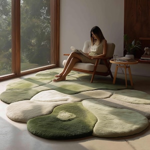 Hand-Tufted Wool Moss Rug: Abstract Green Landscape Carpet
