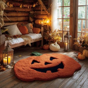 Pumpkin Tufted Rug – Jack-o&#39;-Lantern Halloween Carpet for Fall Decor – Cozy Autumn Room Accent – Handmade Seasonal Rug – Cute Spooky Mat
