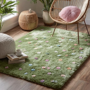 Handmade Moss Green Rug: Tufted Pastel Flowers, Botanical Decor