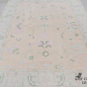 9x12 Hand-Knotted Pastel Oushak Rug–&quot;Soft Pink Blush with Sage & Lavender Accents-8x10 Turkish Inspired Wool Area Carpet-Living Room Rug.&quot;