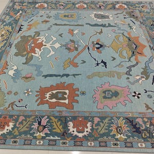 Blue & Turquoise Oushak Rug-&quot;Handwoven Afghan Wool Area Carpet-Colorful Floral Design-Vintage Inspired Oriental Rug for Living Room 8x109x12