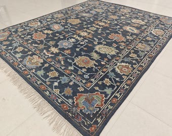 Hand-Knotted Afghan Wool Rug – Navy Blue Floral Oriental Area Rug, Traditional Vintage Style Carpet