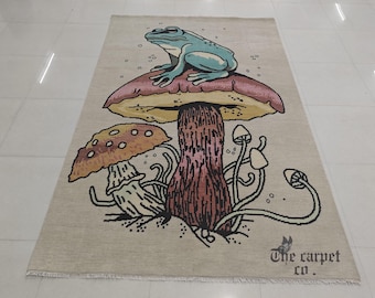 Whimsical Frog on Mushroom Rug – Vintage Cottagecore Woodland Carpet