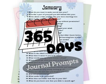 May include: A stack of colorful paper sheets with a calendar that says "365 Days" and "Journal Prompts." The top sheet is light blue with the month "January" and journal prompts. Floral and star designs are scattered around the text.