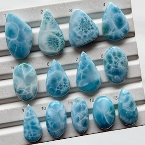 Op de afbeelding: Dertien gepolijste larimar cabochons in diverse vormen, waaronder druppels en ovalen, zijn gerangschikt op een wit displayplateau. Elke steen heeft unieke blauwe en witte patronen, genummerd van één tot en met dertien met zwarte inkt.